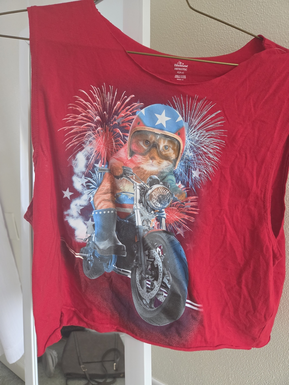 Red Tank Top with Motorcycle Cat Graphic